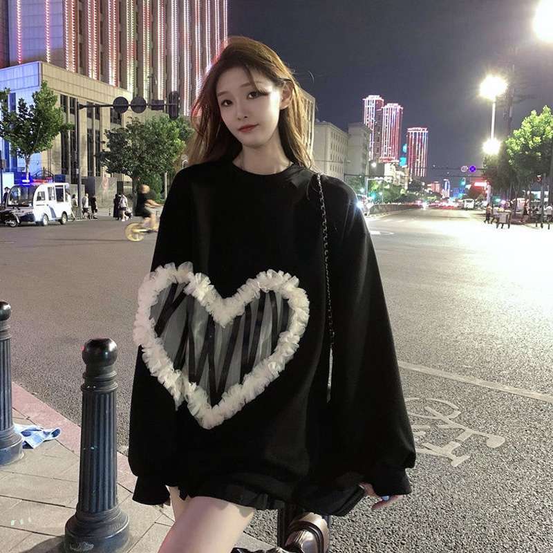 Women Korean Style Casual 3D Mesh Splicing Hoodie Heart Round Neck Long Sleeve Loose Pullover Sweatshirts Autumn Tops