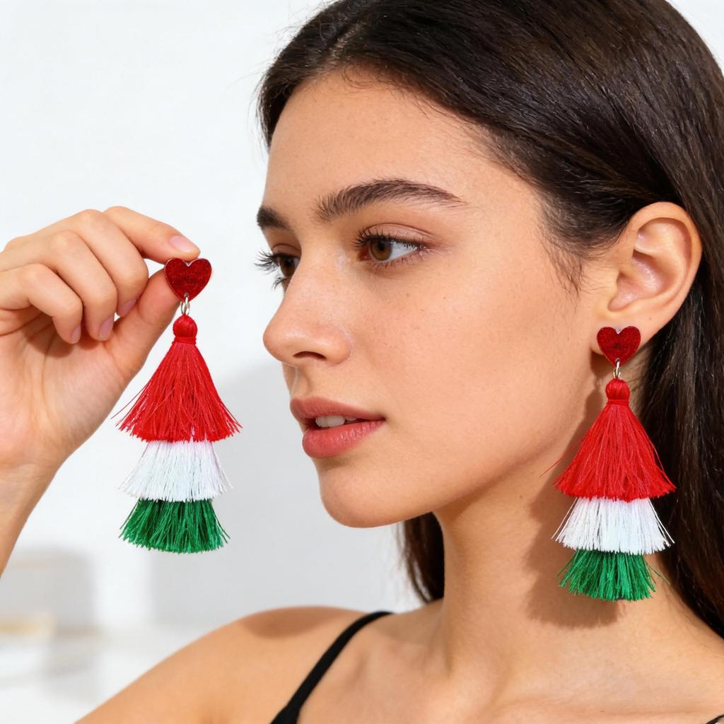 New Multi-Layer Tassel Pendant Women's Earrings In Red, White, and Green - Tower Style Stud Fashion Accessories.