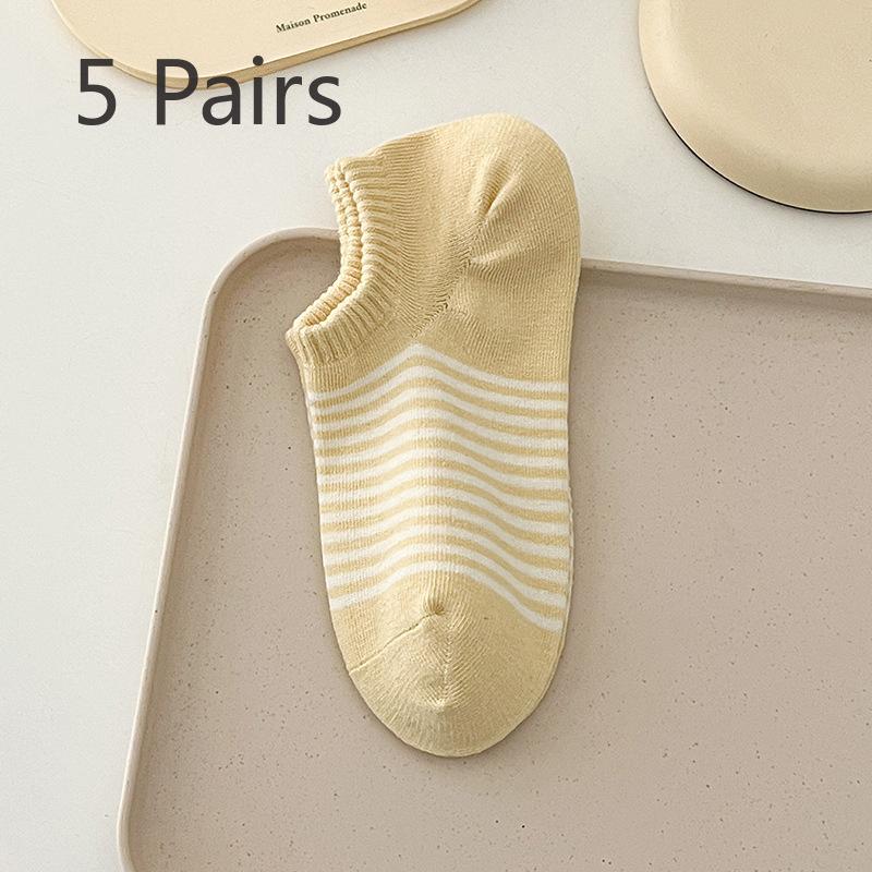5 Pairs of Women's Spring and Summer Style Pinstripes with Light Mouth Cotton Boat Socks