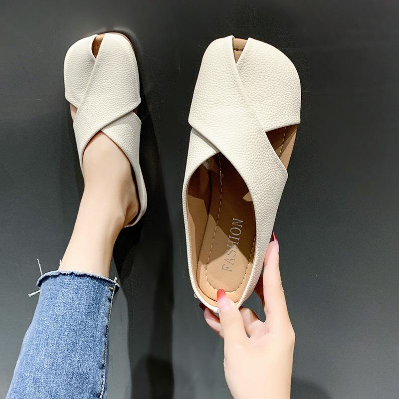 

Баотоу полутапочки женские летние 2025 новые туфли для беременных широкие полные ноги толстые сандалии плоская подошва сандалии на один педаль 35 бежевый