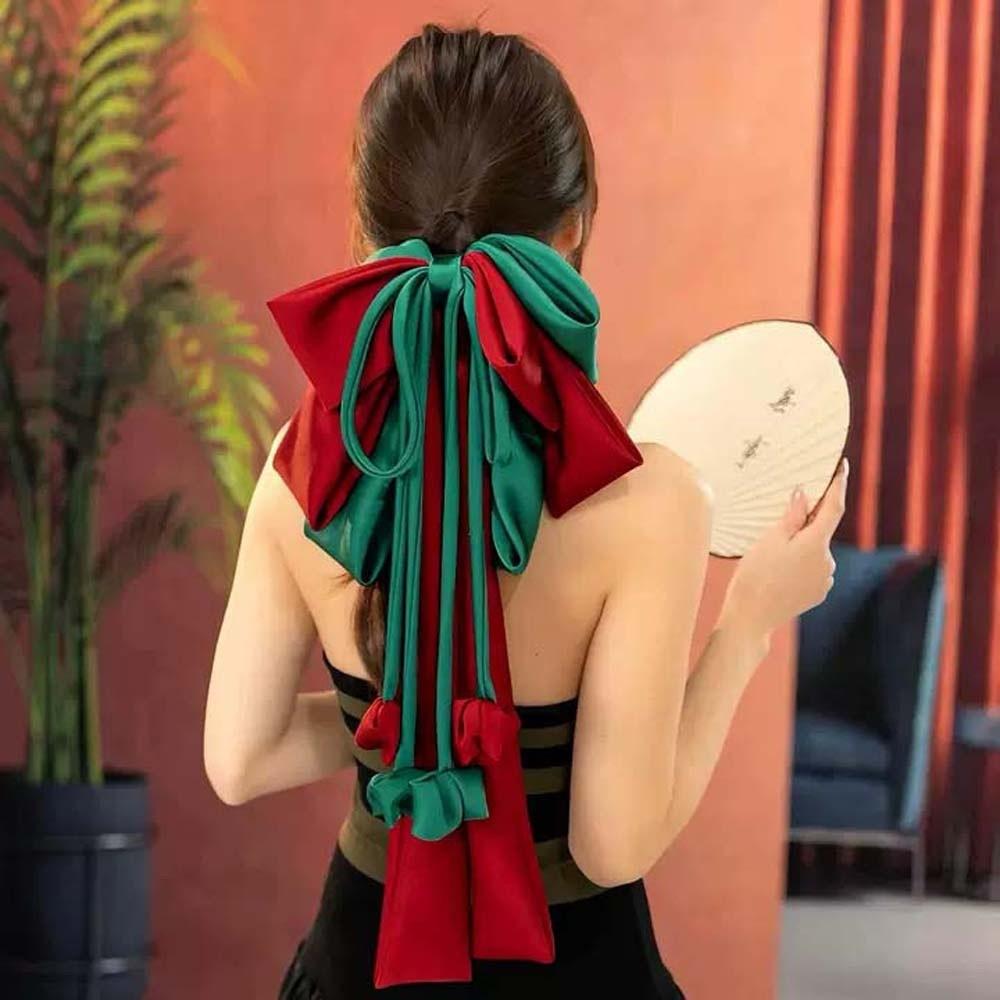 Contrast Color Satin Ribbon Headdress Sweet Christmas Hair Accessory Oversized Bow Hair Clip  Daily