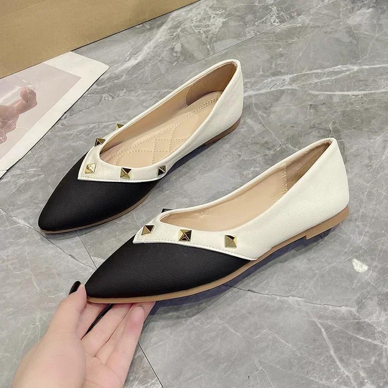 

Fashion New Women s Shallow Flats Summer Pointed Toe Rivet Women s Slip on Shoes Outdoor Dress Office Lady Casual Walking Shoes Loafers 35 чёрный