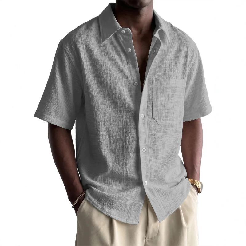 Men s Light Blue Crinkle Cotton Short Sleeve Button Down Shirt S серый