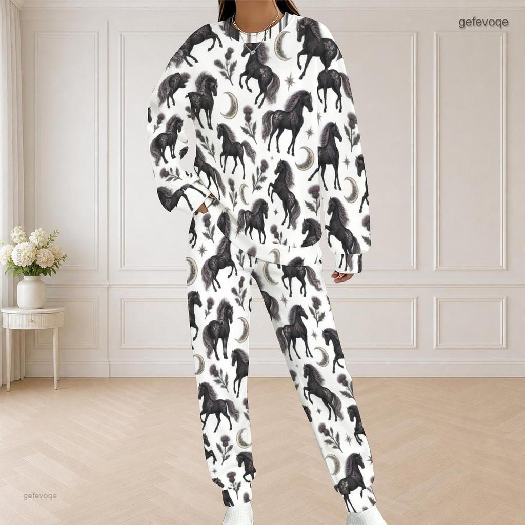 Women Plus Size Round Neck Long Sleeve Halloween Cactus Print White Two Piece Loungewear Set
