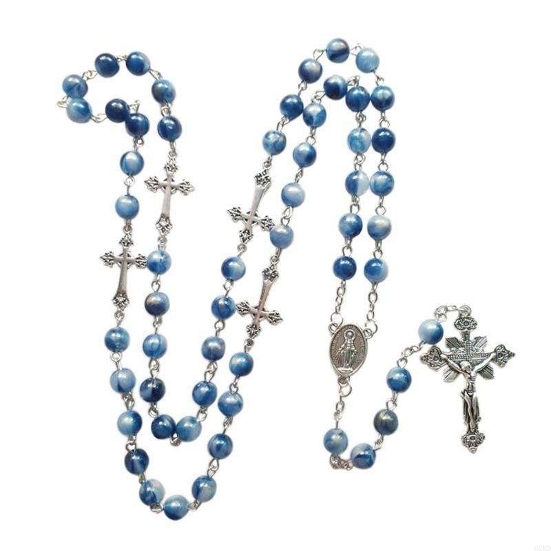 62KD Blue Acrylic Rosary Necklace Long for Cross Pendant Catholic Christian Necklace Religious Jewelry for Men Women Charm Gift