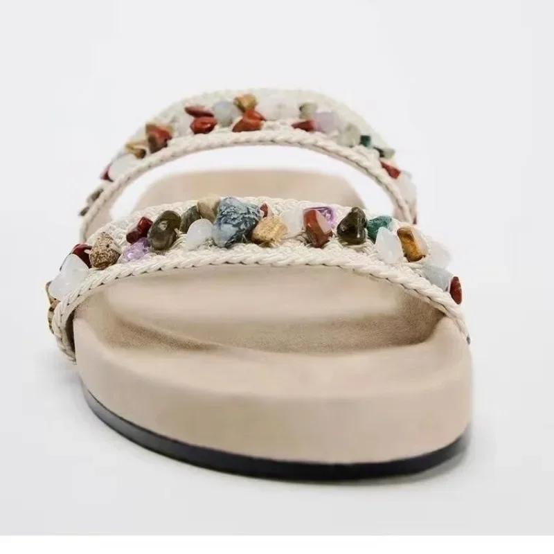 Ladies Shoes 2025 Summer Plus Size Open Toe Luxury Slippers Women Outdoor Casual String Bead Round Toe Women's Flat with Sandals