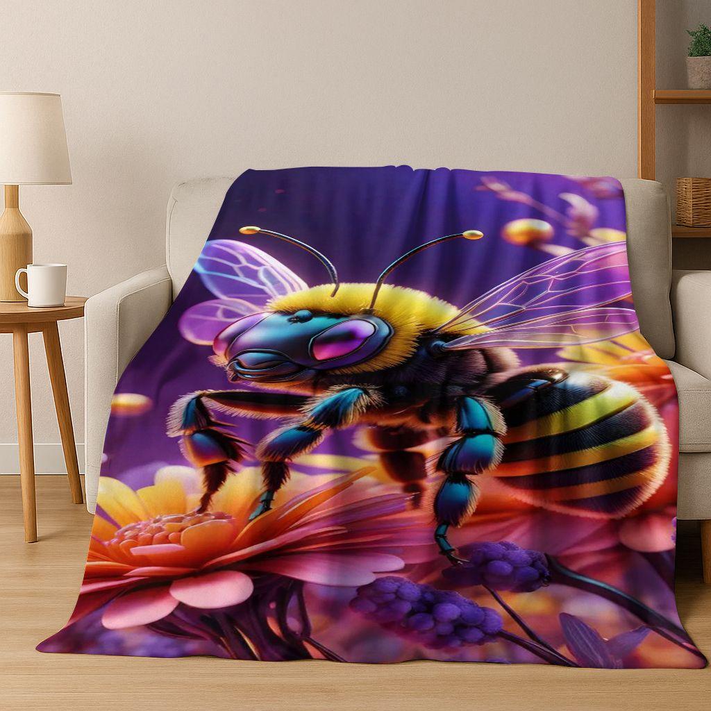 Cute Cartoon Bee HoneyBee Insect Art Flannel Blanket,Cozy Soft Throw Blanket for Home Bedroom Bed Sofa Picnic Cover Gift Kids