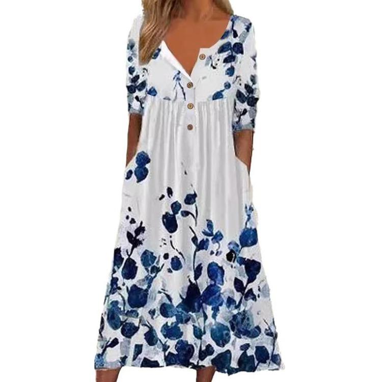 Buttoned Maxi Dress with Pocket Printed Cardigan Style Womens Dress