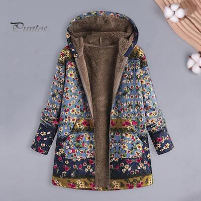 Moteriškas žieminis paltas Retro gėlių raštais su gobtuvu, storu pliušiniu užtrauktuku, šilumą išlaikančiu ilgomis rankovėmis, vidutinio ilgio kišenės, laisvalaikio kasdienė dėvėjimo striukė
