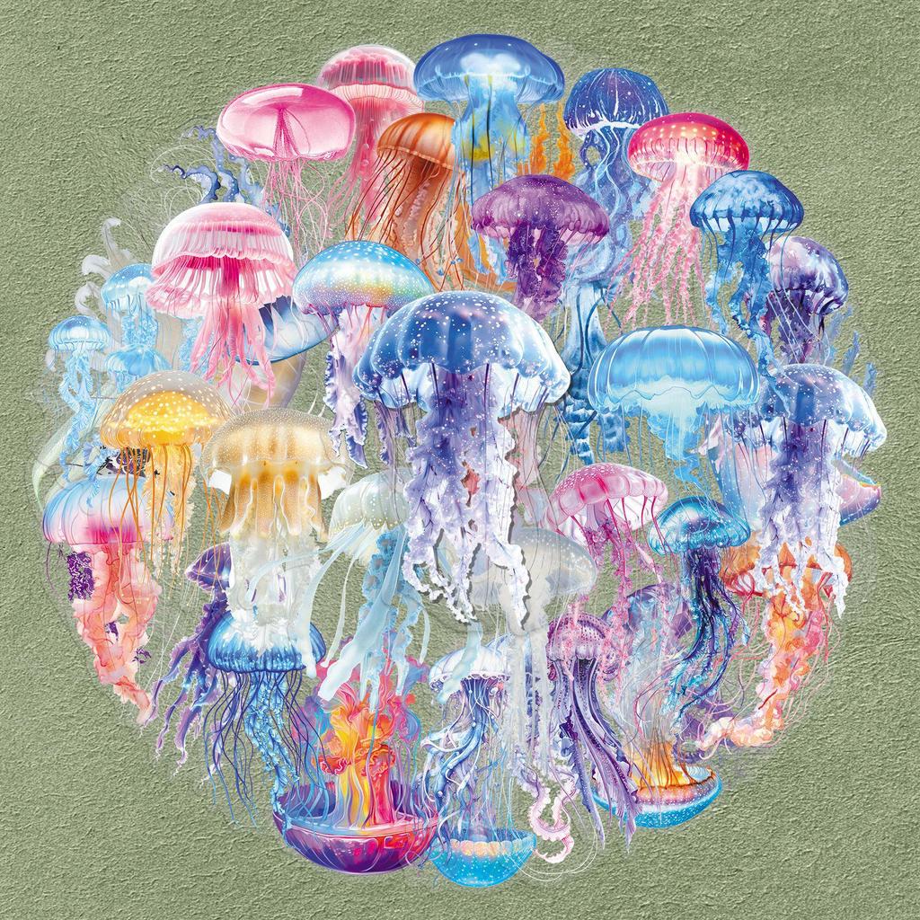 50 Jellyfish Cartoon Stickers: Colorful, Creative, and Decorative for Notebooks, Headphones, and More—No Cutting Needed.