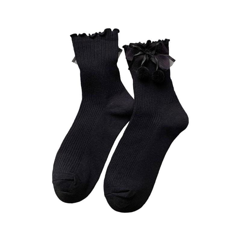 Fashion Harajuku Middle Tube Frilly Socks Women Girls School Student Cute Pearls Bowknot Ruffke Trim Cotton Ankle Socks