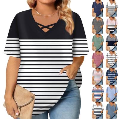 Women's Fashion Casual Solid Colour Stripe Printed V-Neck Short Sleeve Large Size T-Shirt Top