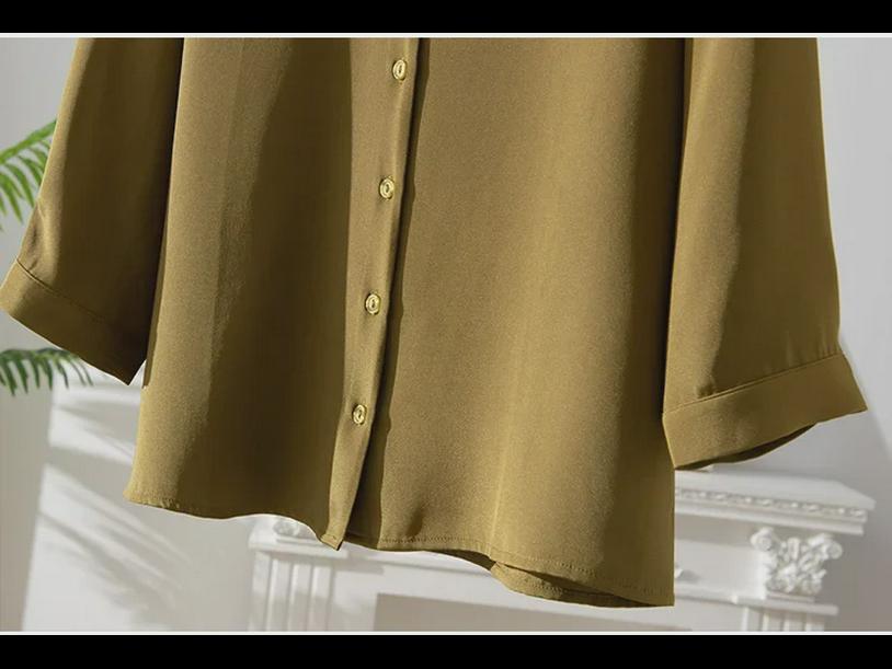 Women's Elegant Silk Commuting Shirt, Solid Color, Three-Quarter Sleeves, Mulberry Silk Top