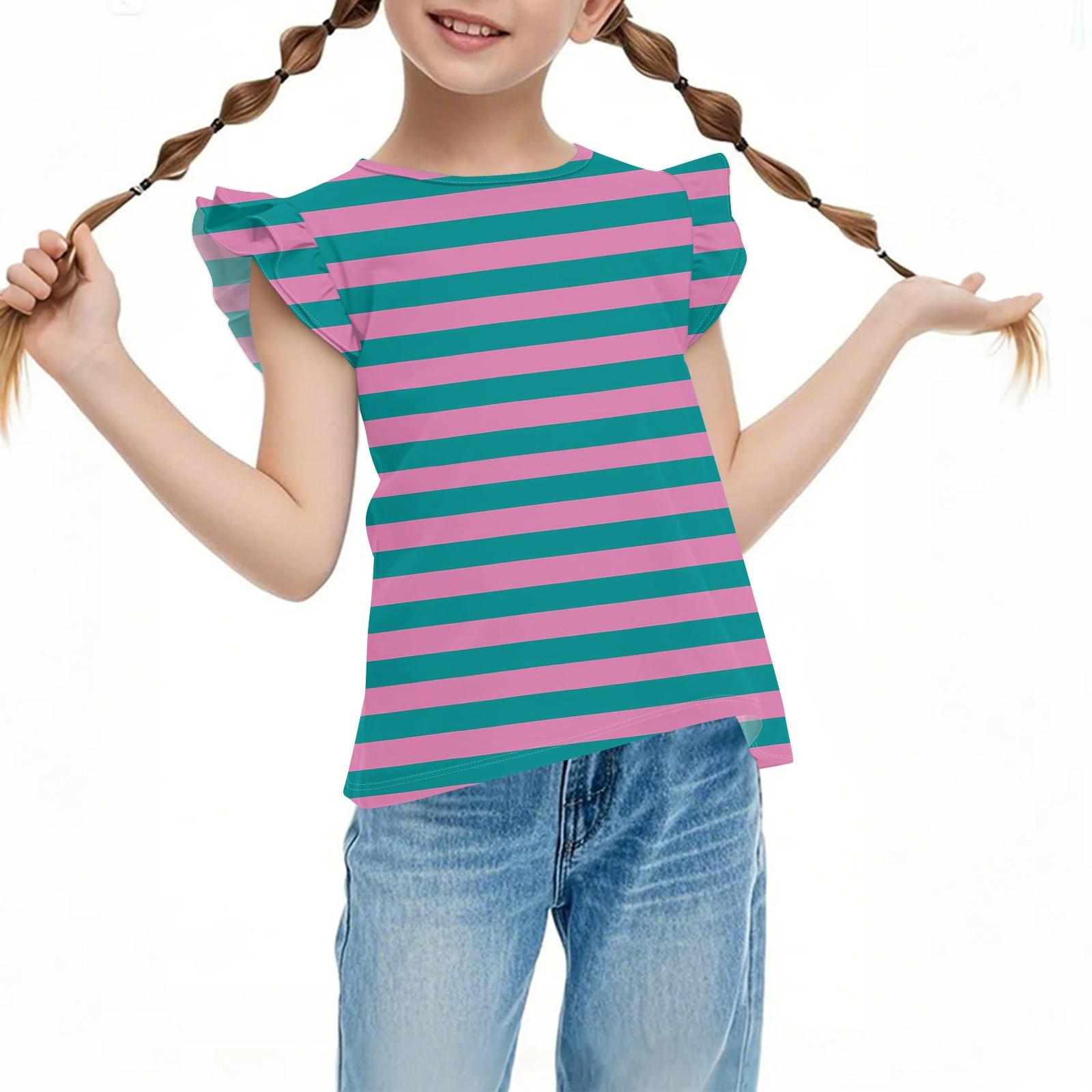

Детский повседневный плиссированный топ с коротким рукавом, милый полосатый принт, круглый вырез, однотонный 150 циан