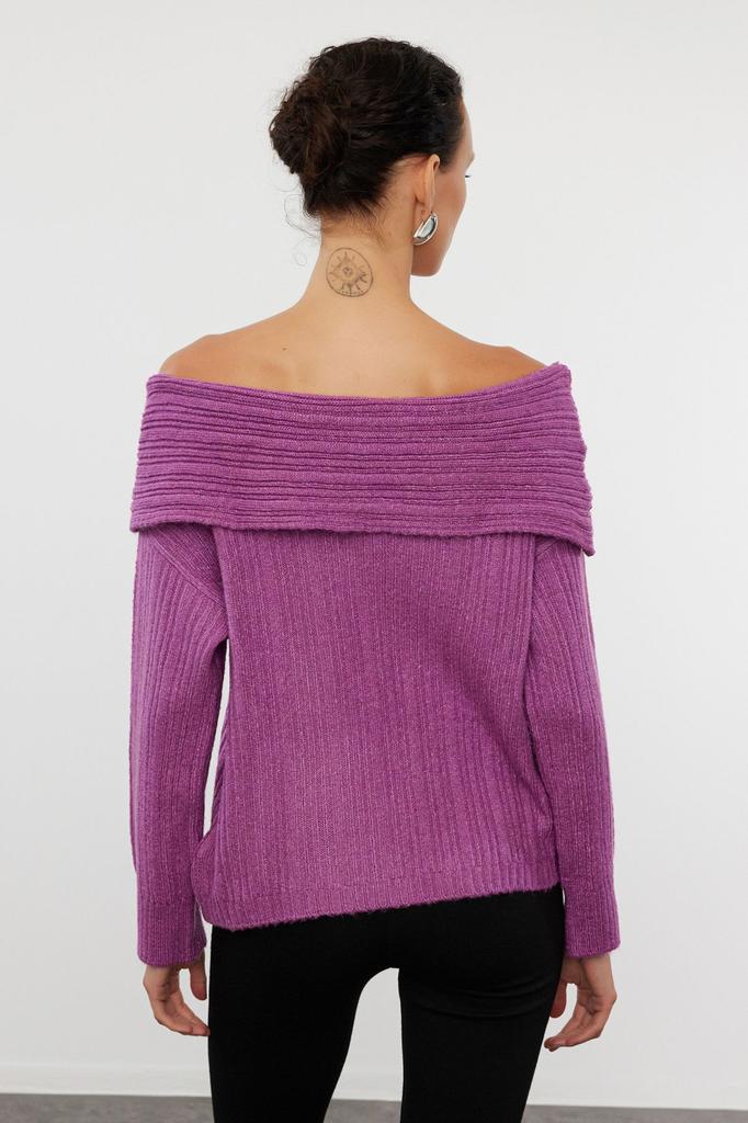 Women's Fashion Stylish Sweater Plum Soft Textured Carmen Collar Knitwear Sweater