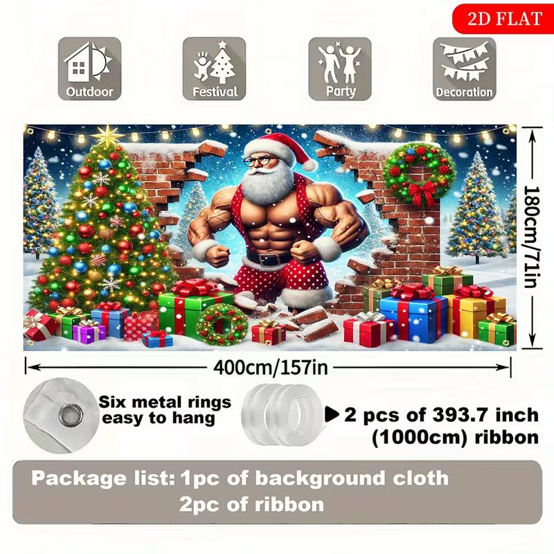2D Christmas Garage Door Backdrop, Funny Buff Santa Holiday Background Cloth for Outdoor Decoration