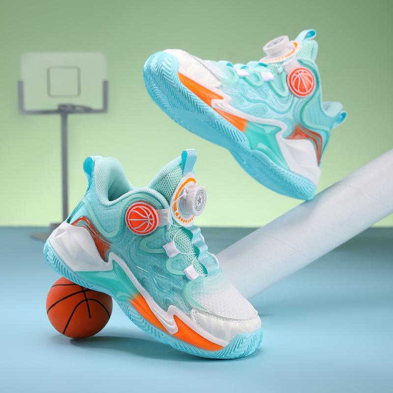 Breathable single and double mesh children's basketball shoes boys 2025 summer new girls non-slip rotating button sneakers