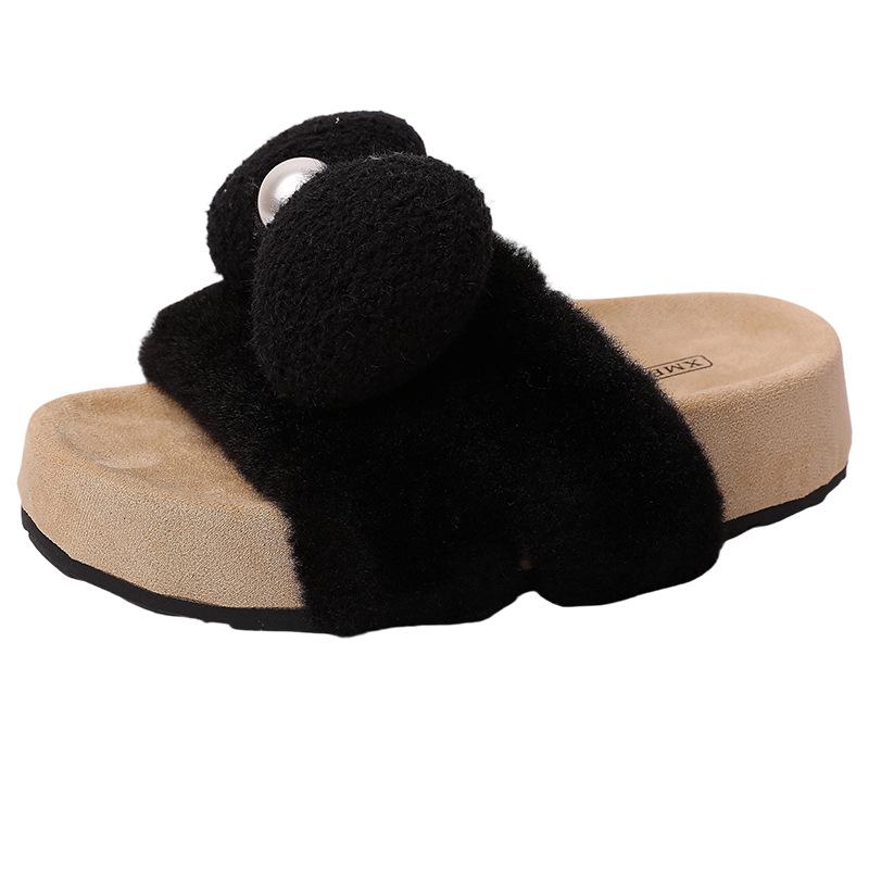Warm Plush Versatile Retro Cartoon Bear 2025 Autumn New Fluffy Shoes Women Wear Cute Cotton Slippers