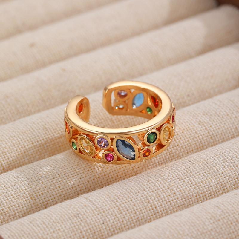 Exquisite Colorful Crystal Zircon Geometric Open Ring For Women Simple Copper Hollowed Out Stacked Finger Ring Fashion Jewelry