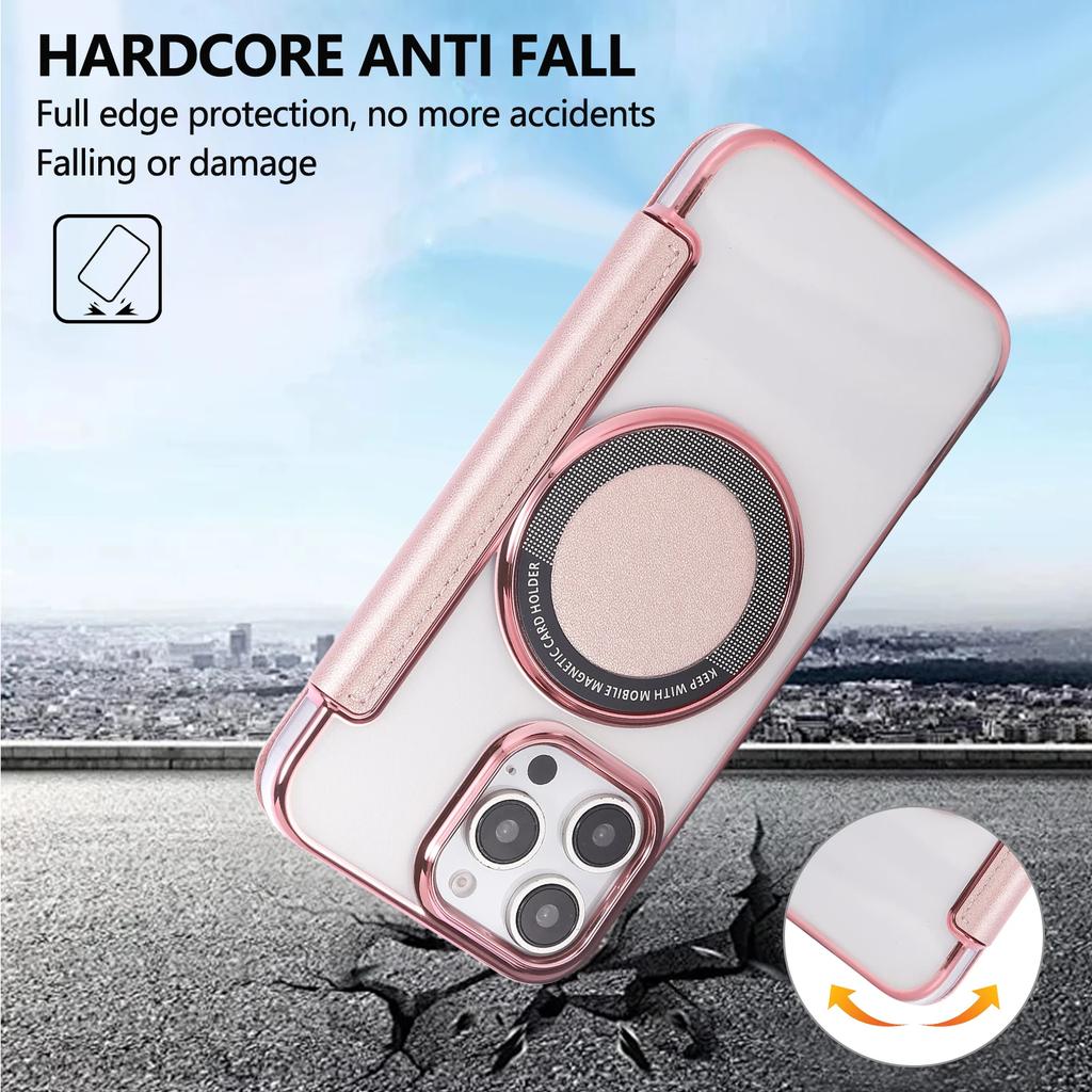 Wallet Leather Case for iPhone 16 17 Pro Max 16E Air 15 Plus 14 13 12 for Magsafe Wireless Charging Plating TPU Magnetic Cover