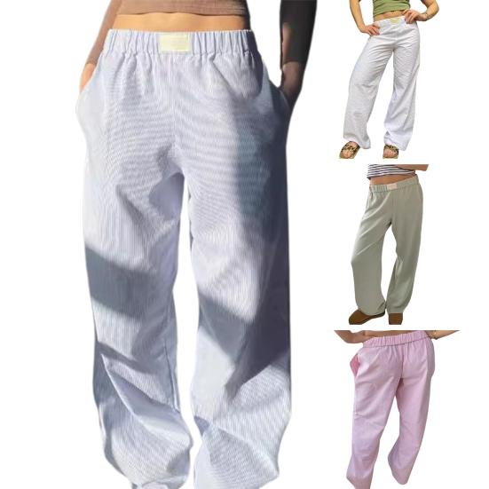 Women Casual Long Pants Elastic Waist Mid-rise Trousers Solid Color Wide Leg Loose Fit Pants