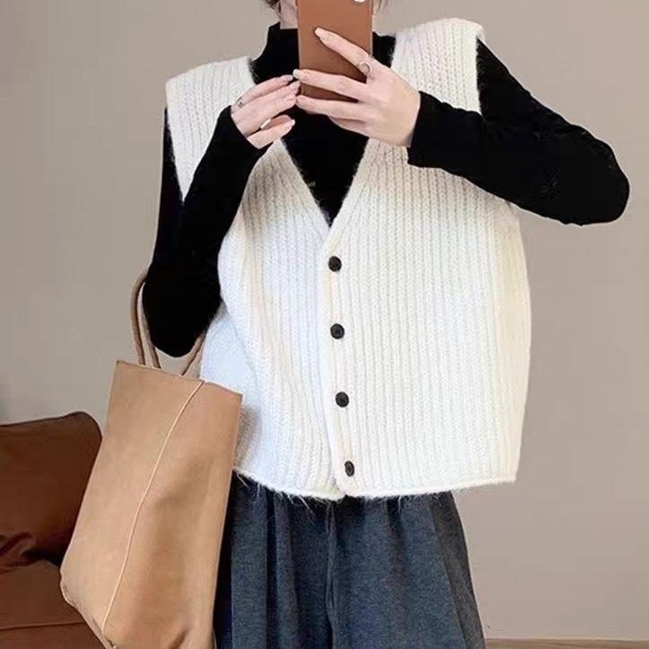 

2026 Autumn Winter V Neck Single Button Vest Grey Loose Knit Cardigan Women Fashion Thick Wool Guangzhou Story Niche Sweater One Size белый