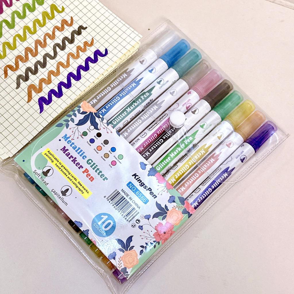 10pcs Metallic Glitter Dual Tip Marker Pens, with Brush And Fine Nibs, For Album DIY, Black Cards, Scrapbooking, Craft Supplies