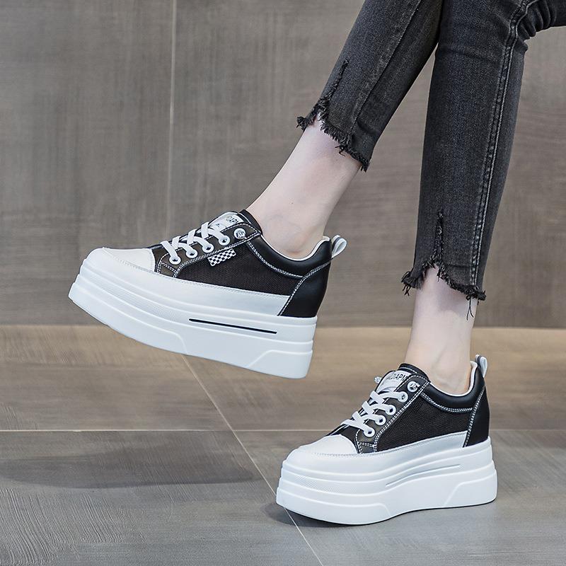 Herbst und Winter kleine dicke Sohle Innenhöhe erhöhend lässige kleine weiße Schuhe Damen Keilabsatz Low-Top Schnürsenkelfrei vielseitige Damenschuhe