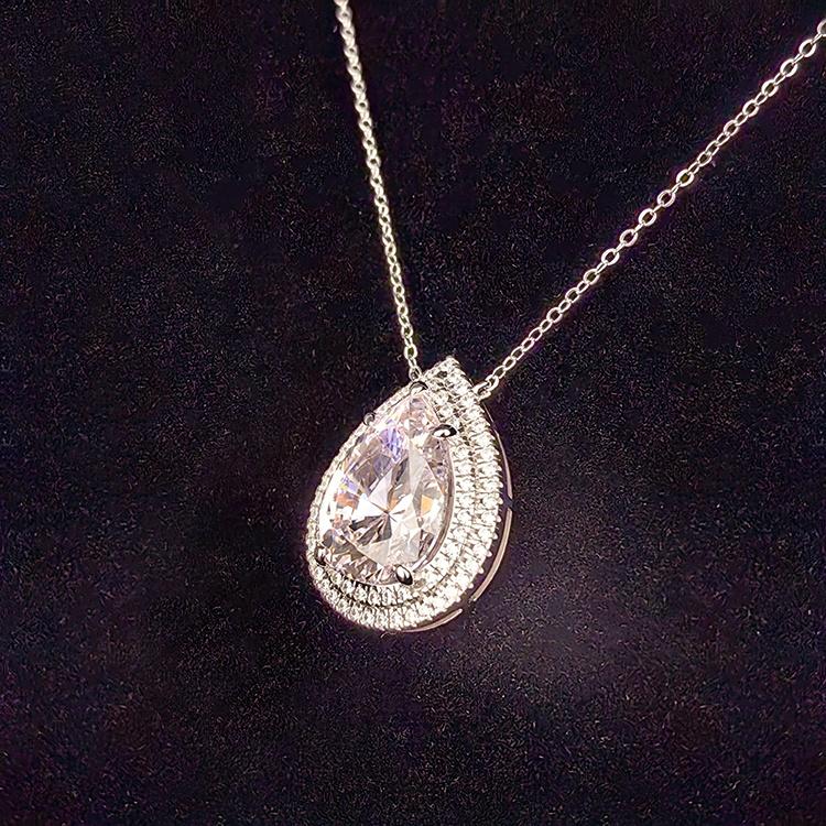 Fine Jewelry Rhodium Plated Elegant Aura 925 Sterling Silver Pear Teardrop Water Drop Pink 5A Zircon Pendant Necklace for Women