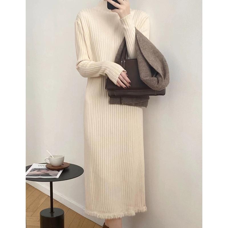 

Осень и зима длинная юбка-свитер женская длиной до колена с полувысоким воротником низ с черным вязаным платьем свободное средней длины One Size