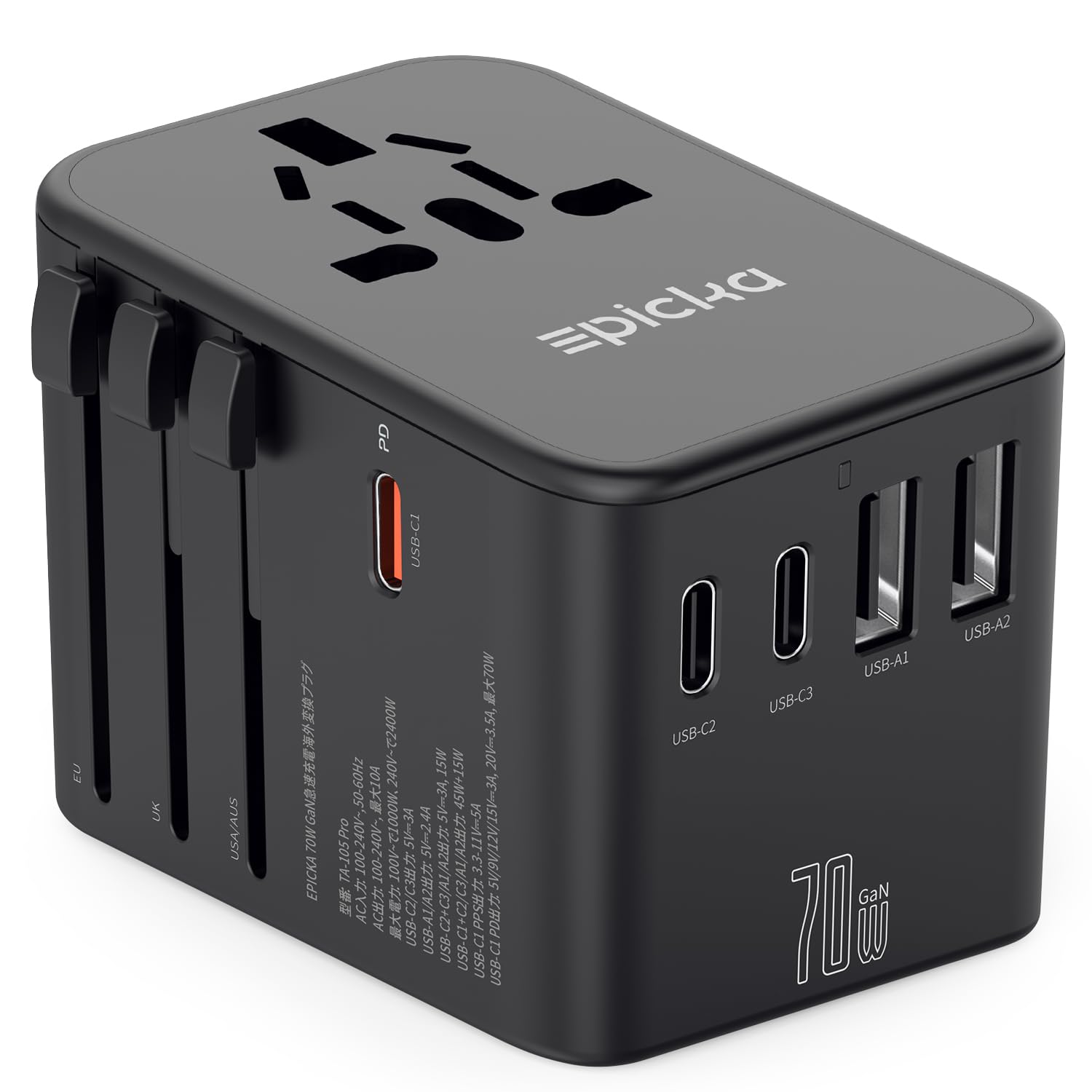 

EPICKA 70W PD Fast Charging Overseas Conversion Plug Compatible with All Worldwide Type Multi Conversion Plug with 3 and 2 Ports Compatible with чорний