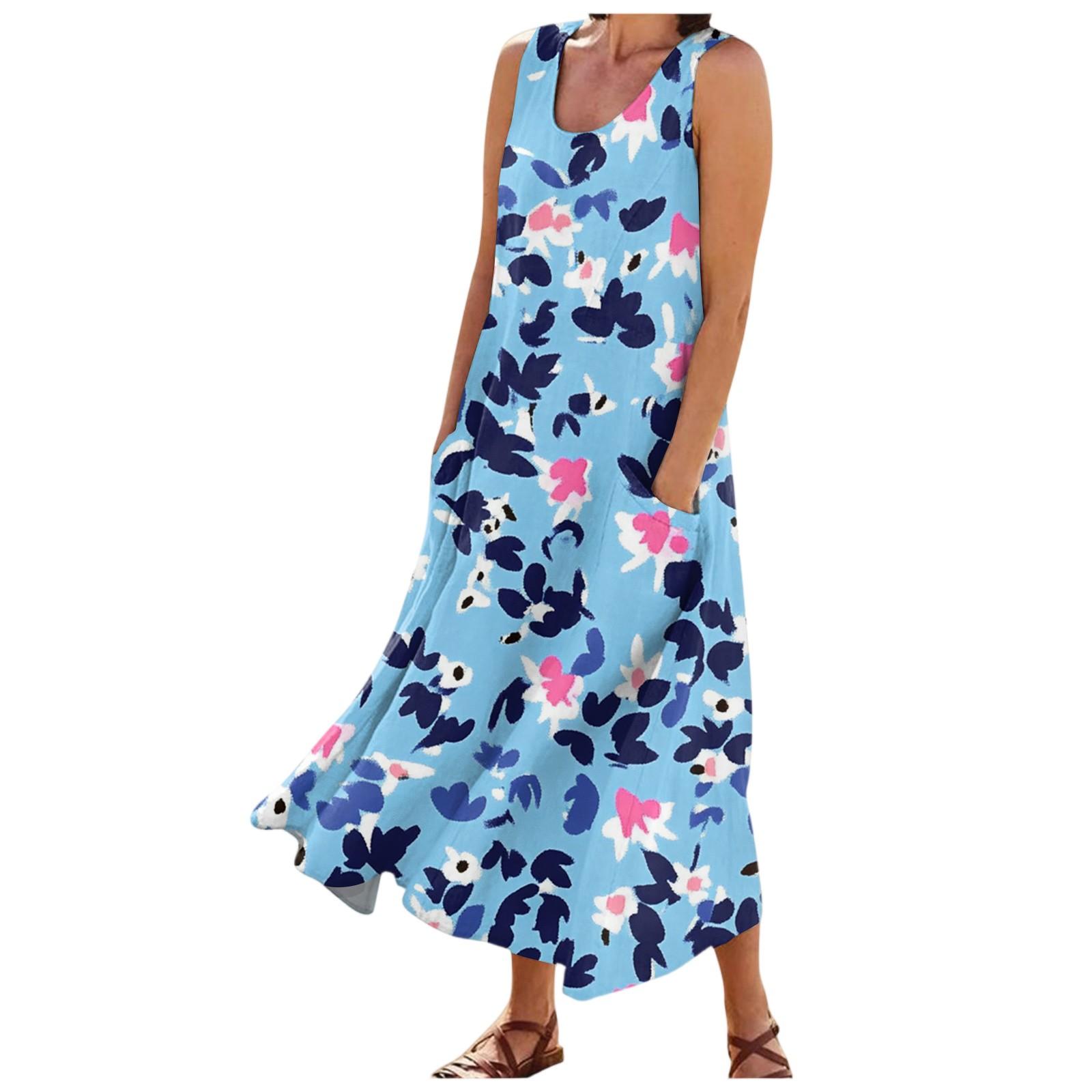 

Women s Fashion Summer Casual Sleeveless Floral Printed Small Pocket Dresses XL