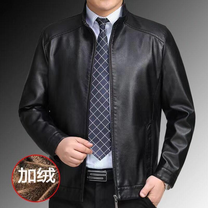 Pu Leather Jacket Men s Middle-aged Men s Fleece Thickened Leather Jacket Casual Lapel Collar Spring Autumn and Winter Coat 170