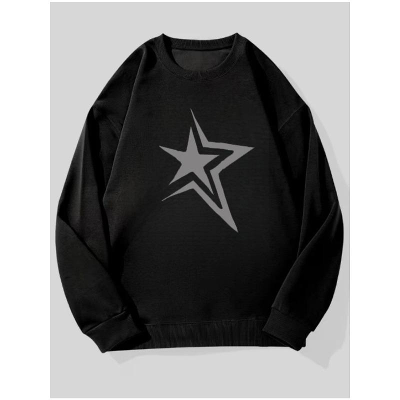 Daily Casual Men Multi-color Crew Neck Sweatshirt Double Star Minimal Print Street Trend Spring Autumn Loose Drop Shoulder Commute Travel Top