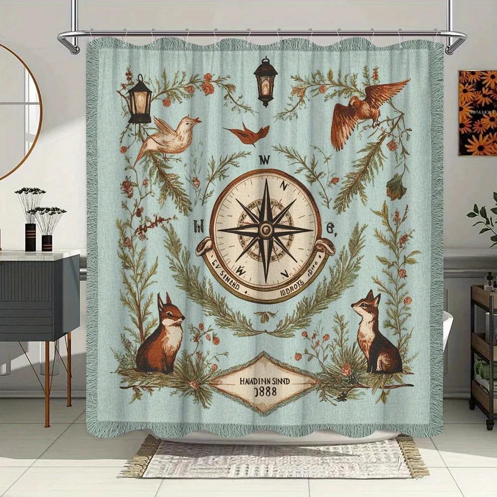 

Vintage-Style Map & Nature Shower Curtain - Compass Rose, Birds & Foxes, Polyester,Rustic Bathroom Decor W60H190(CM)-1 Pcs