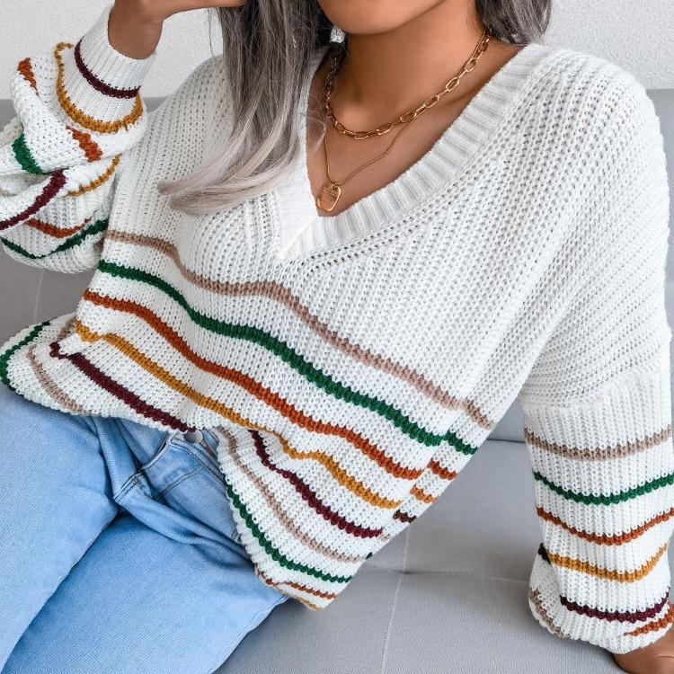 Loose Rainbow Striped Women Sweater V Neck Long Sleeve Fall Winter S-L