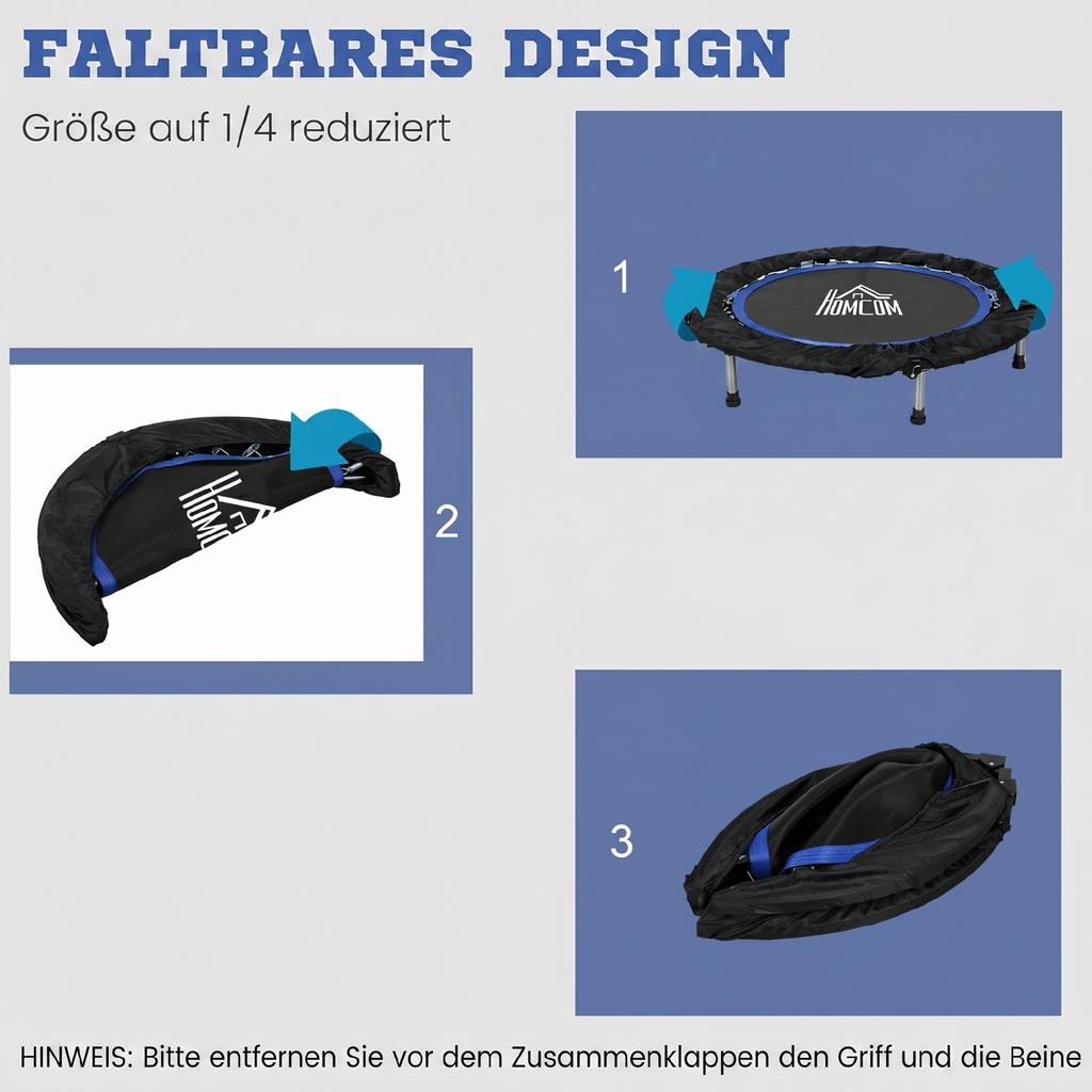 40 Zoll faltbares Mini-Fitness-Trampolin, mit verstellbarem Schaumstoffgriff, Blau