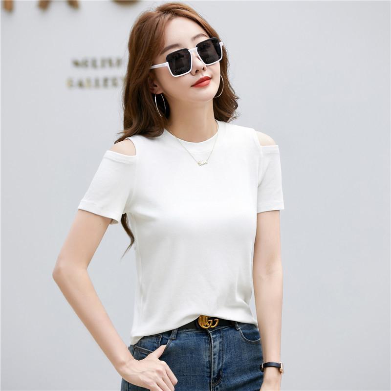 Cotton Off Shoulder T-shirts Women Slim Korean Summer Loose Short Sleeve Sexy Tee Shirt Top Girls Tees Holes