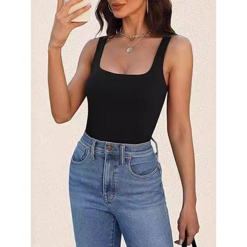 Solid Color Square Neck Sleeveless Top Solid Color Square Collar Sleeveless Open Back Tops Women