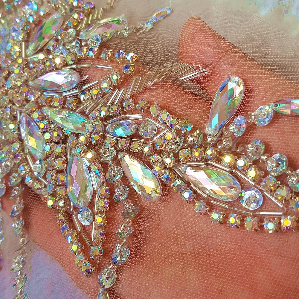 Exquisite Uniquely Pure Handmade AB Colour Bright Crystal Patches Sew-on Rhinestones Applique with Stones Sequins Beads for Wedding Dress DIY Manual