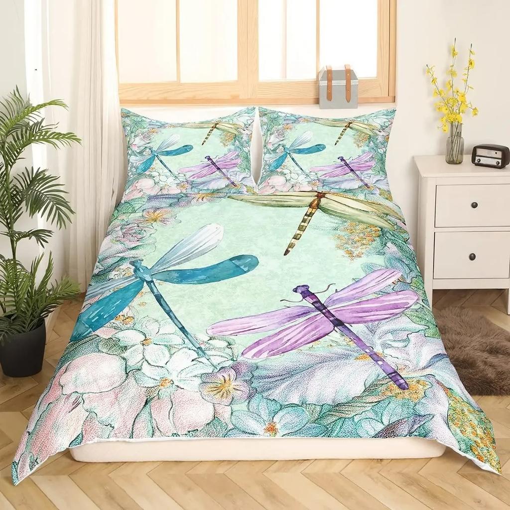 Boho Dragonfly King Queen Duvet Cover Cute Flower Love Heart Bedding Set Watercolor Floral Rustic Style Polyester Quilt Cover