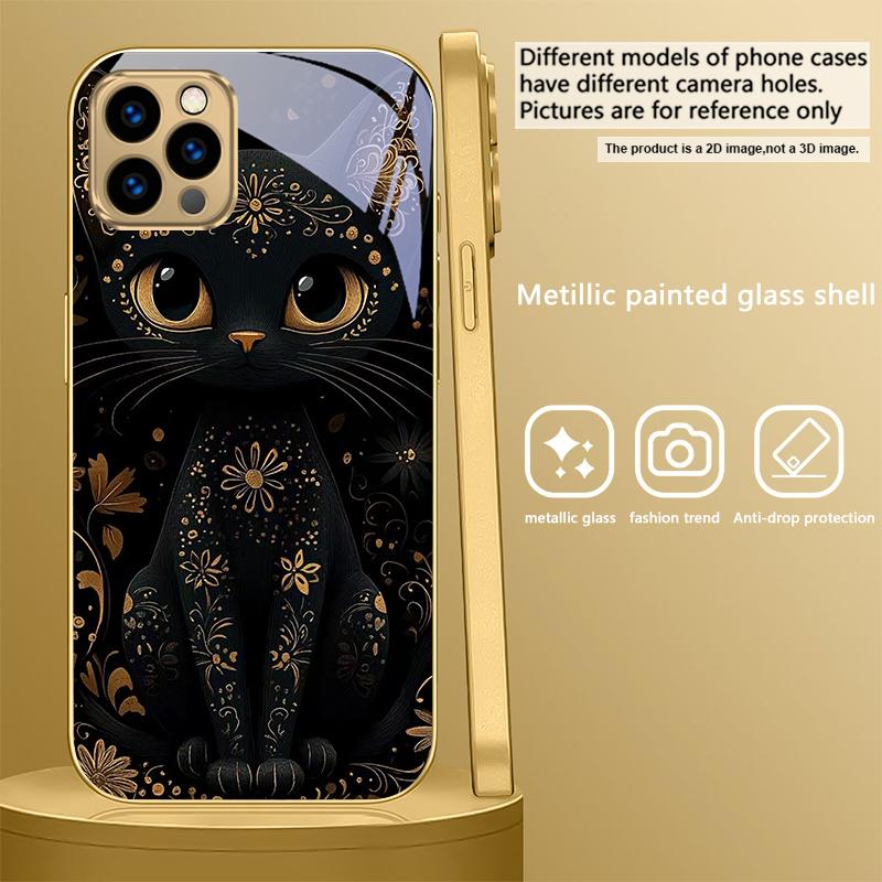 Fantastic Black Cat For IPhone 17Pro Max 16 17 Pro 15 Pro 14 13 Plus 12 Mini 11Pro Max XR 16E 17 Air Golden Glass Phone Case