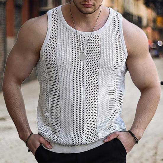 O-Neck Sleeveless Men Vest Solid Color Ribbed Trim Thin Summer Casual Hollow Out Loose Knitting Vest Sportwear