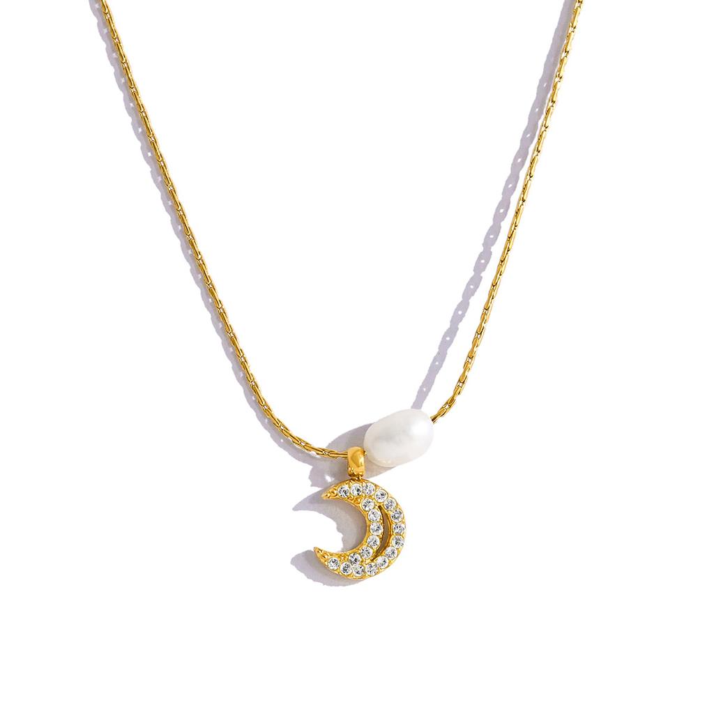 French Elegance Natural Freshwater Pearl Bracelet with Titanium Steel Moon Full Diamond Pendant Collarbone Necklace Set
