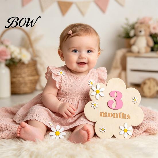 Eco-friendly Baby Photo Props Monthly Milestone Card Sign Wooden Flower Board with 10 Interchangeable Blocks Numbers for Newborn Growth Tracker