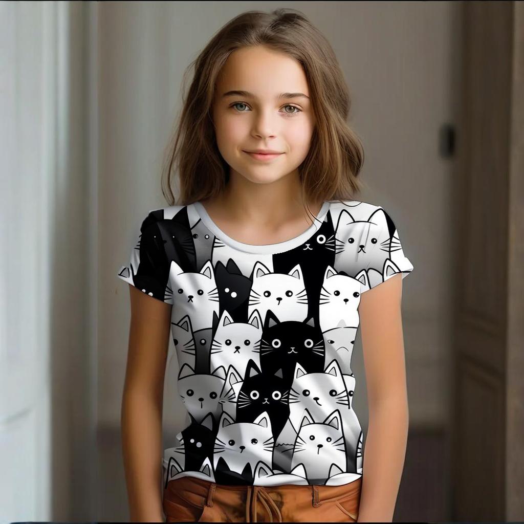 Girl Clothes Summer Cartoon Cat Graphic Children's Clothing Kids Art Doodling Short Sleeve T Shirt Causal O-Neck Children Top