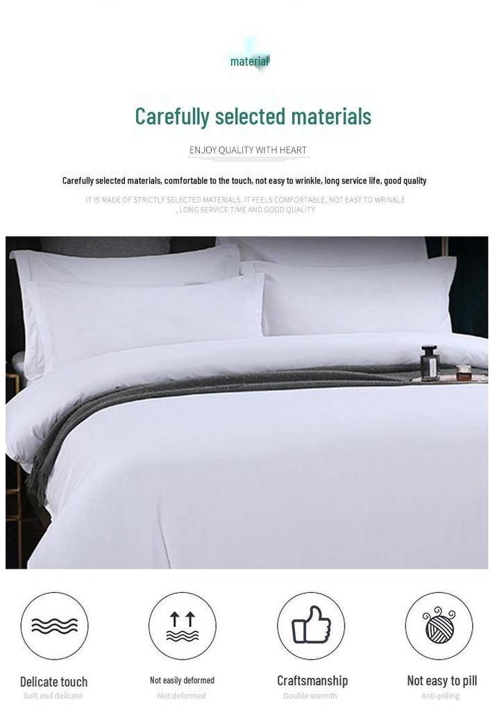 Washed Cotton 4-Piece White Bedding Set for Hotels and Guesthouses, Fitted Sheet Style