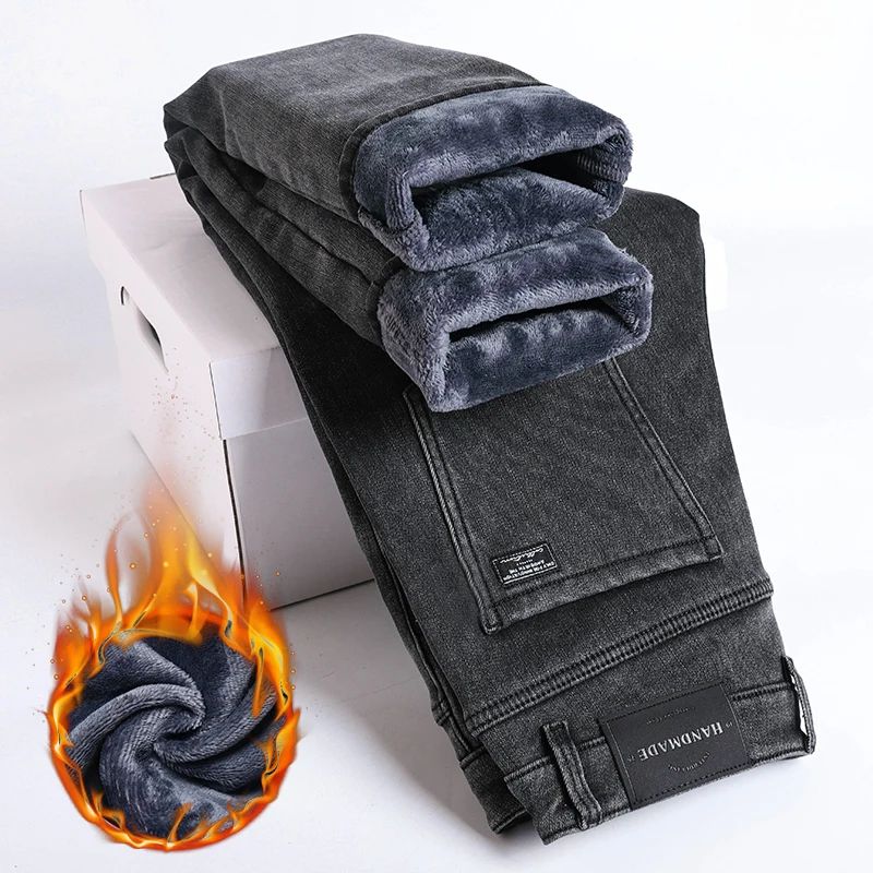 Men's Winter-Warm Denim Pants Thermal jeans Business Jeans Warm Padded Warm Straight Pants Plus Size Jeans