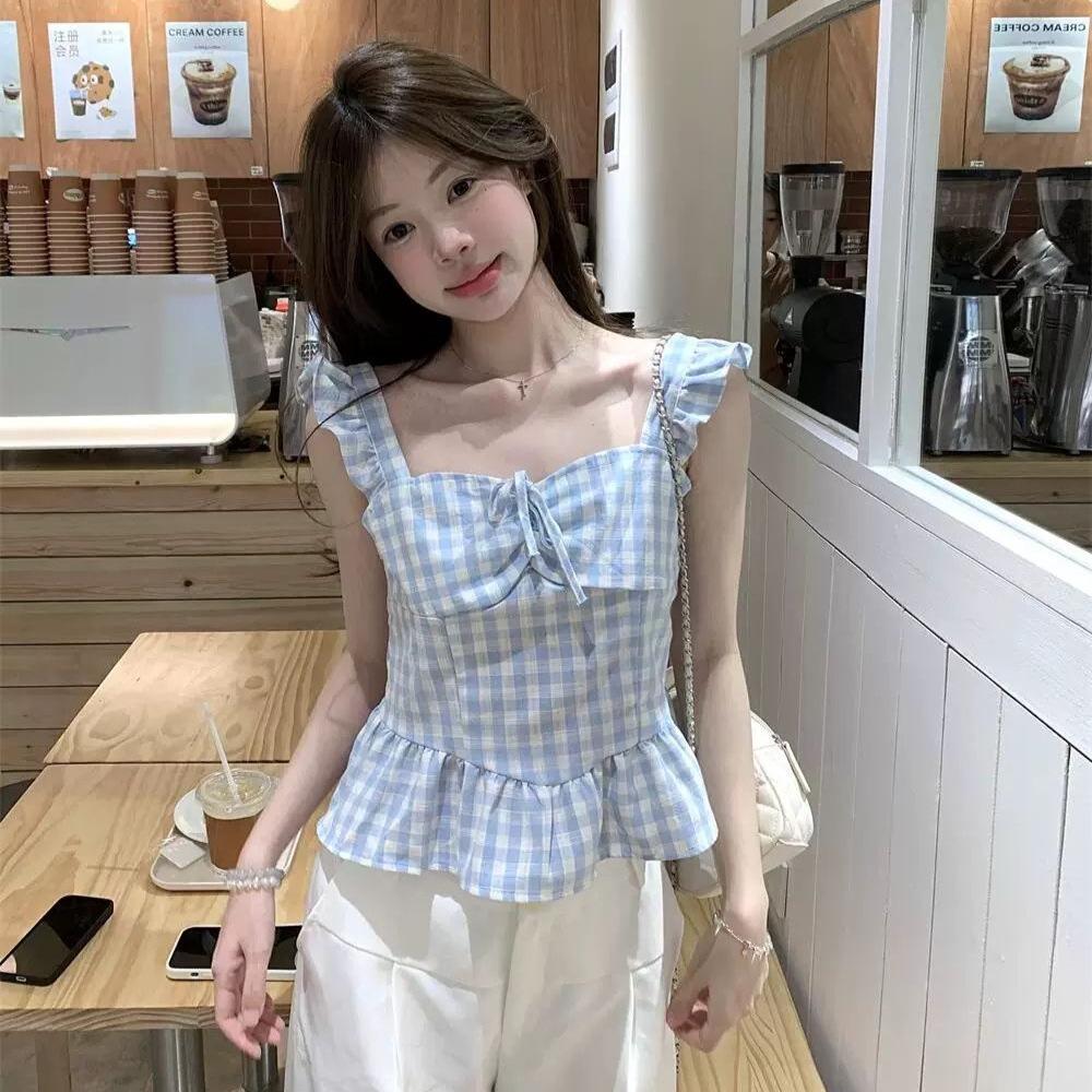 Summer New Sweet Style Pattern Sling Vest Women's Lace-up Ruffle Edge Slim and Thin Versatile Top
