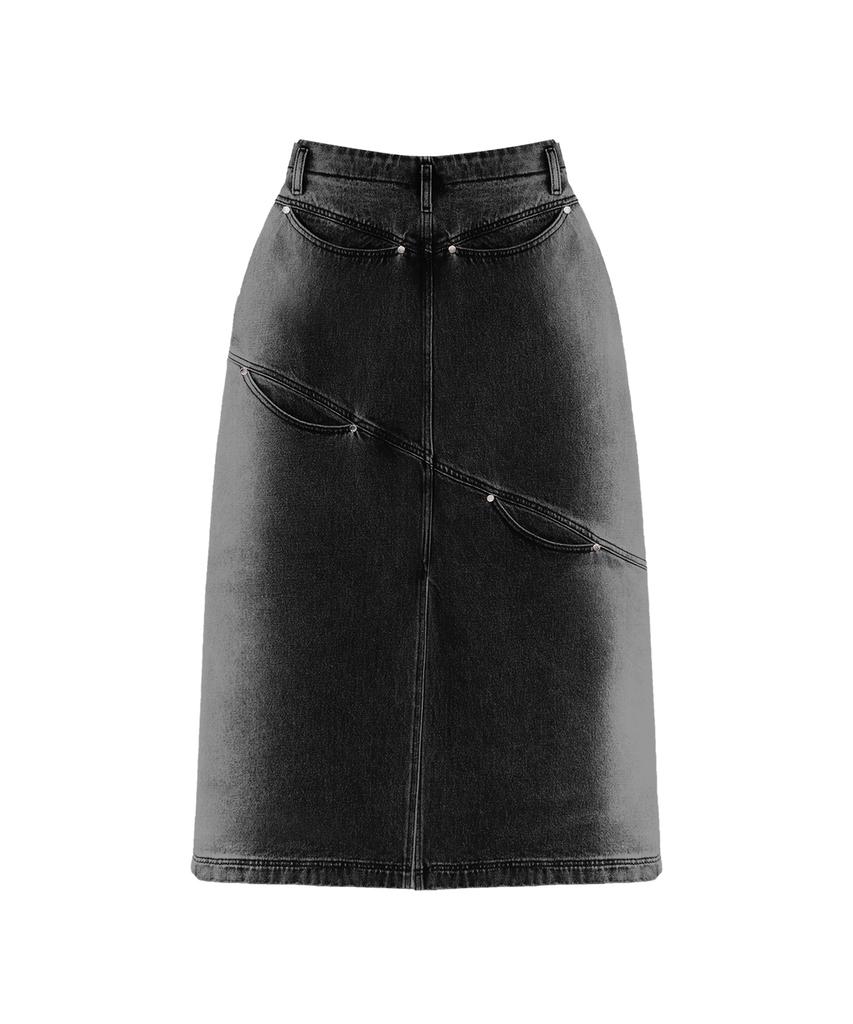 Teulimingbeodeu Curved Pocket Cut Denim Skirt [ Black ]